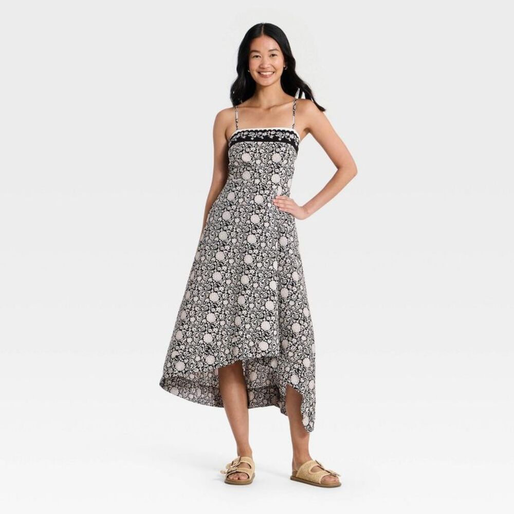 Women's Asymmetrical Midi Sundress - Universal Thread Black Floral M